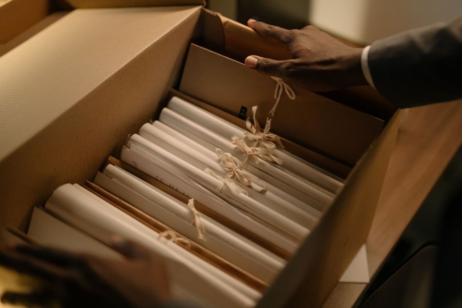 Hands lifting a divider in a cardboard archive box packed with tied bundles of documents