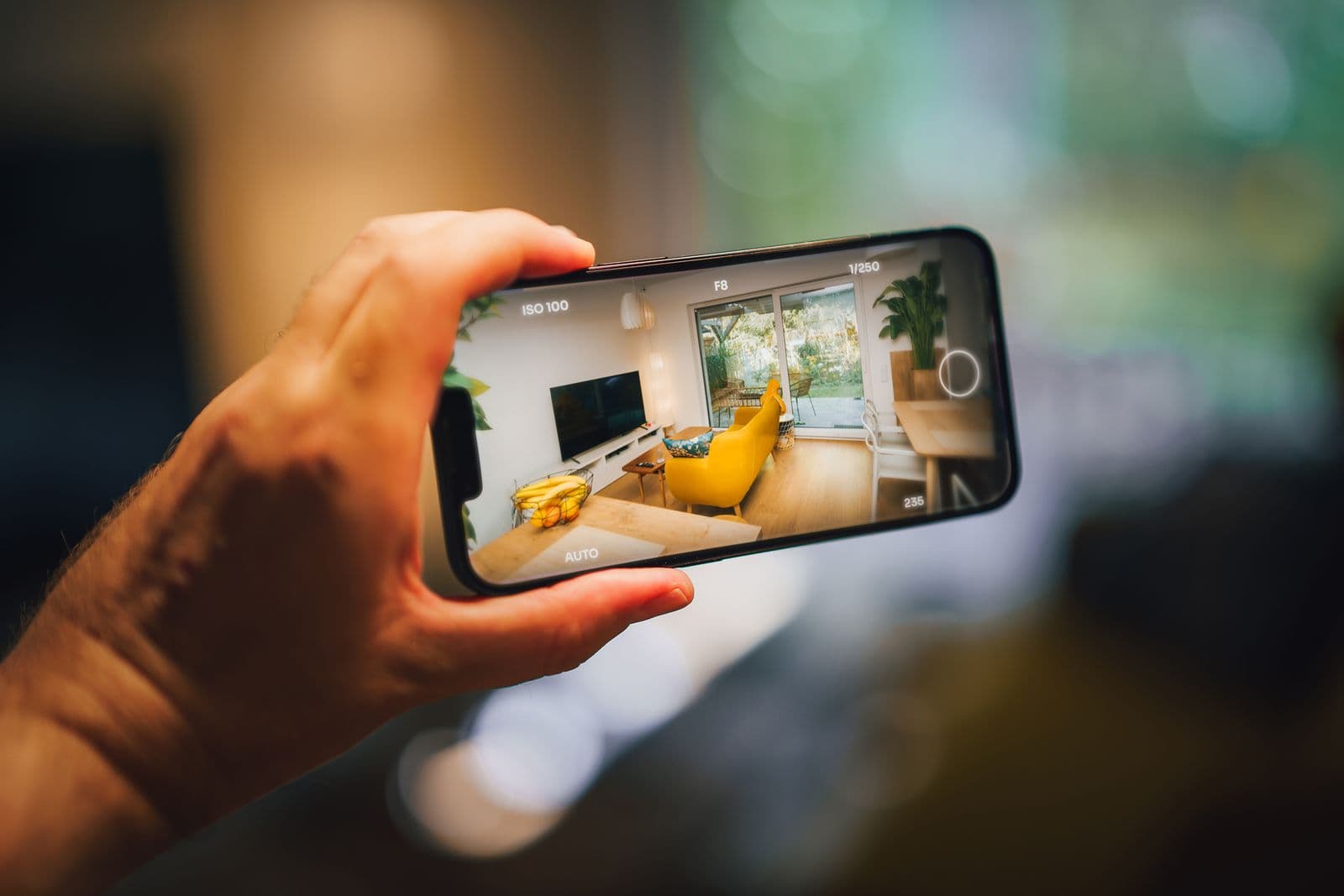 A hand holding a phone sideways, its camera app framing a living room with a yellow armchair