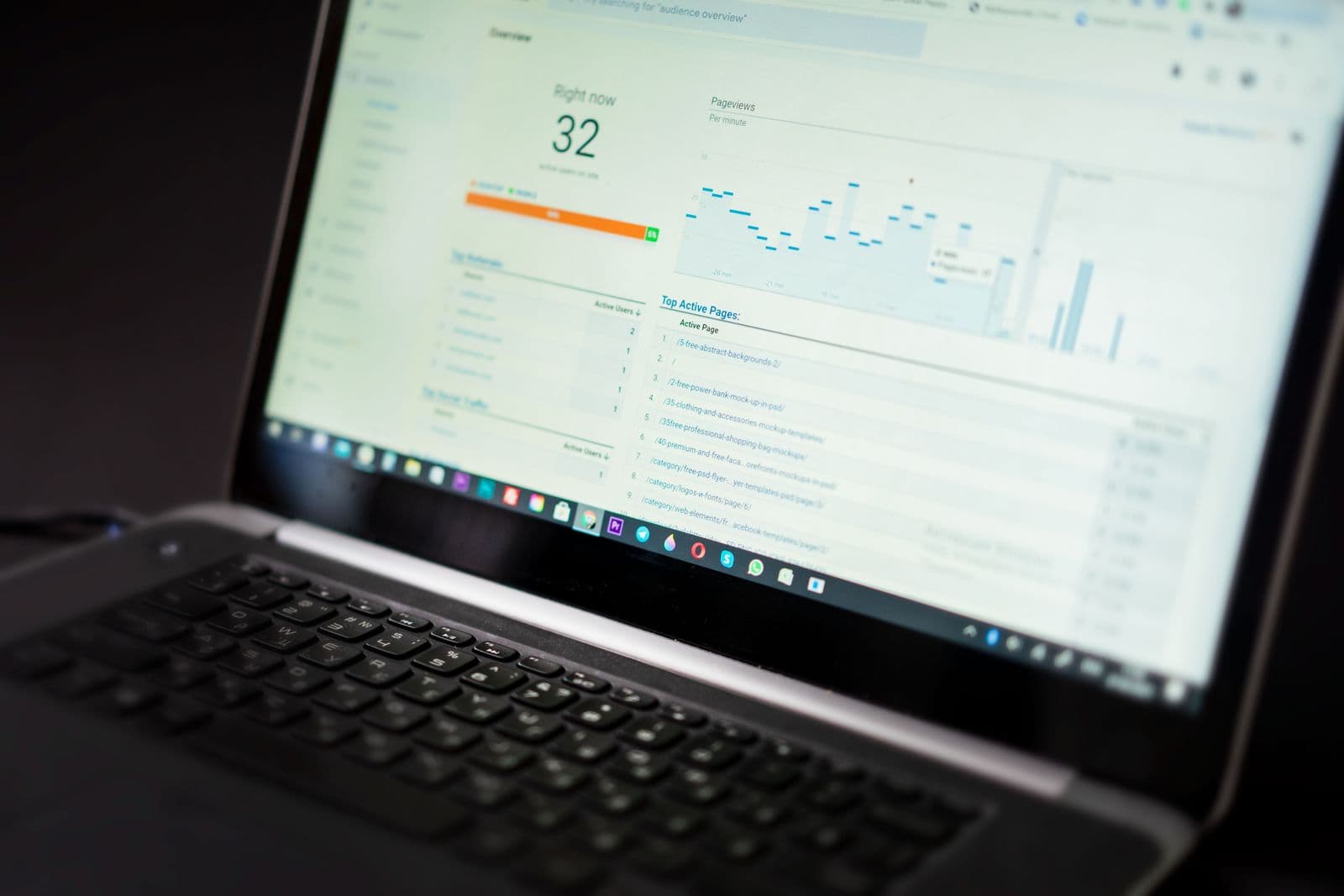 A desk with search analytics charts, keyword data and a laptop showing organic traffic trends